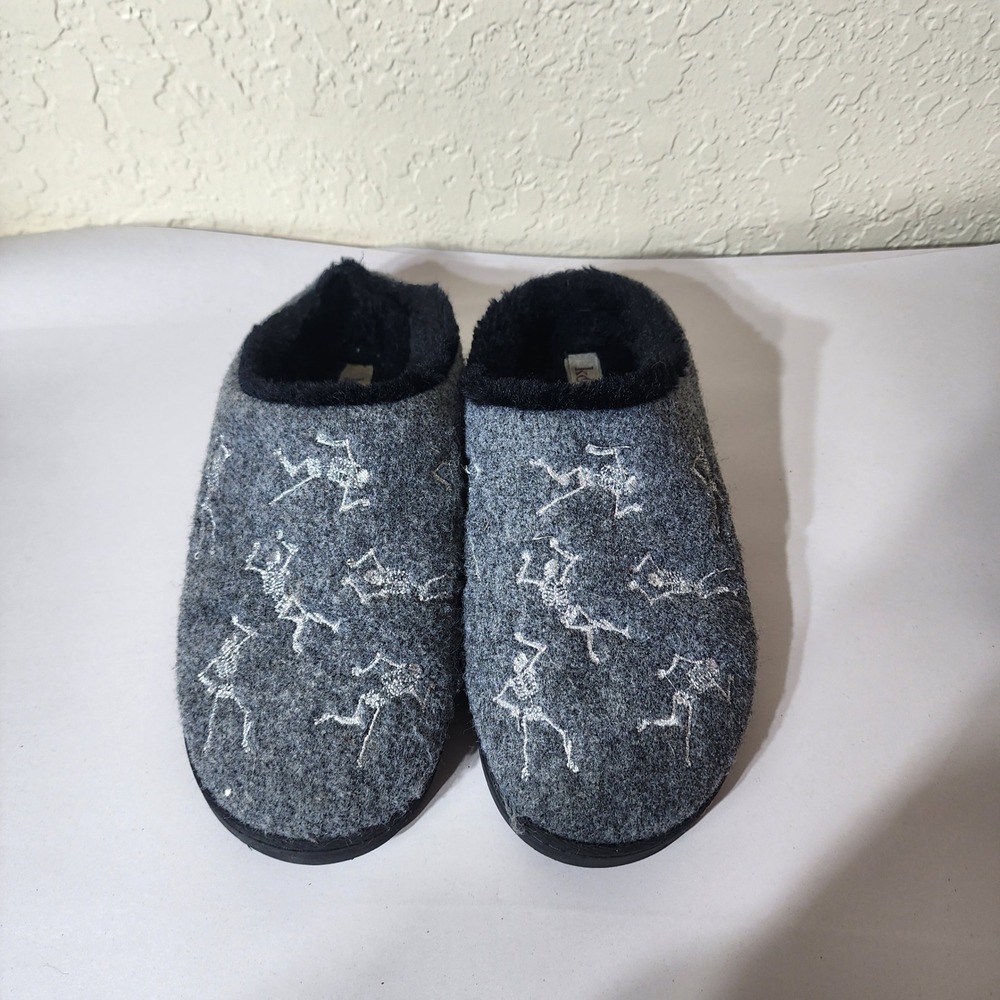 Koba Womens Grey Skeleton‎ Embroidered Faux Fur Lined Slippers XL 9.5-10.5